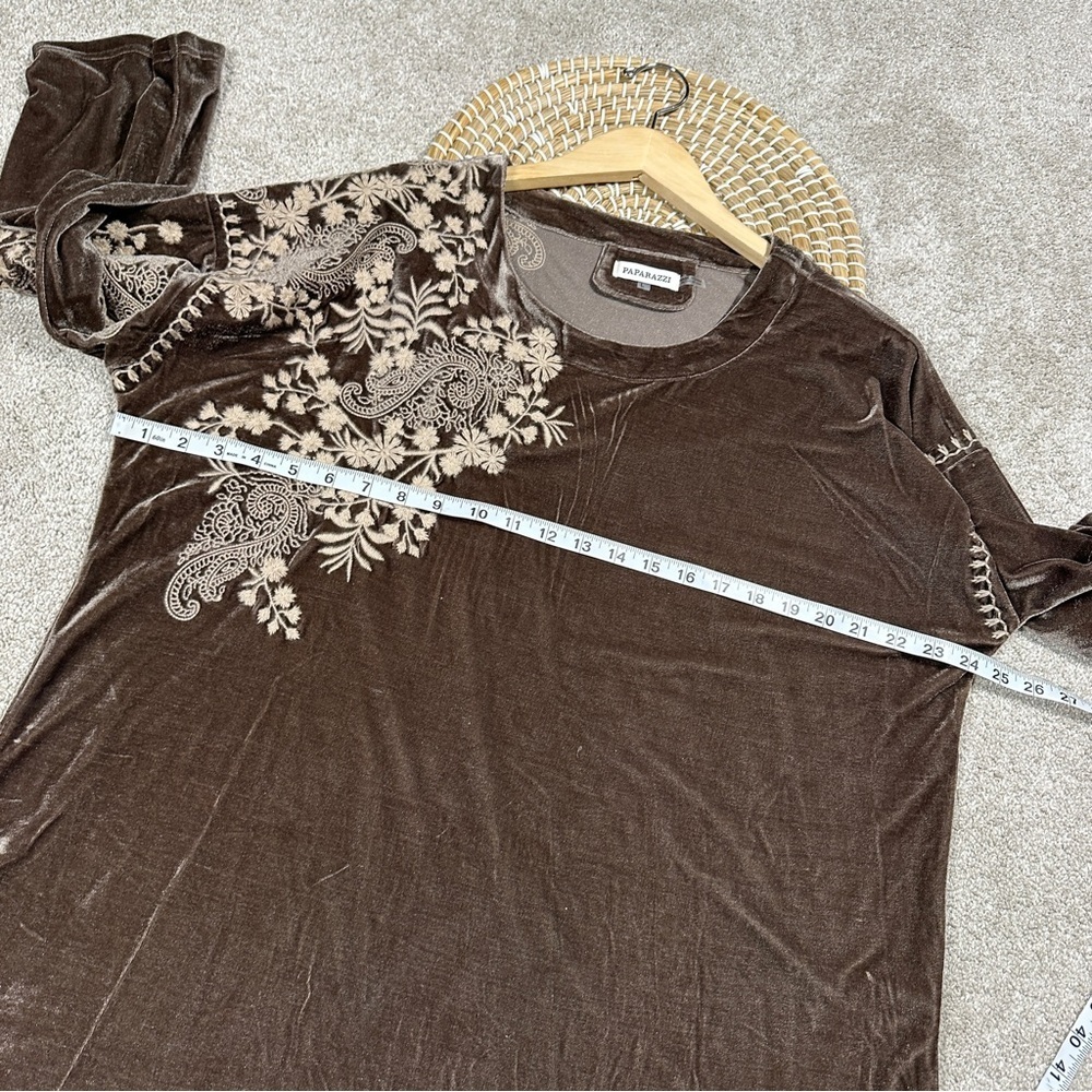 Paparazzi Embroidered Velvet Western Blouse Tunic Top Boho Whimsigoth in Brown L - Picture 12 of 13